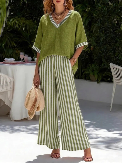 💐【S-4XL】Conjunto clásico a rayas de algodón y lino (top + pantalones)