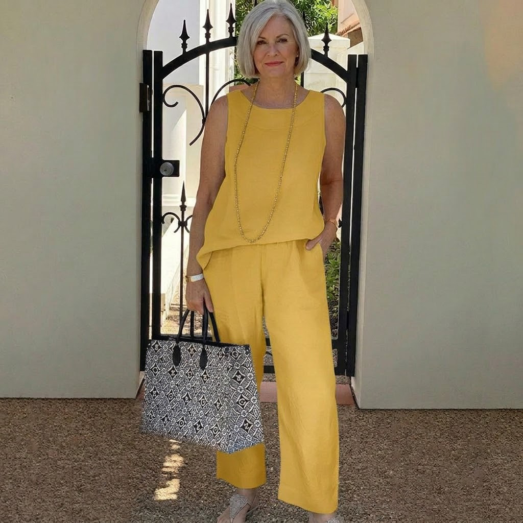 ✨😍【40-120kg】Conjunto de verano de algodón y lino, top sin mangas y pantalón de pierna ancha para mujer.✅️Pago contra entrega