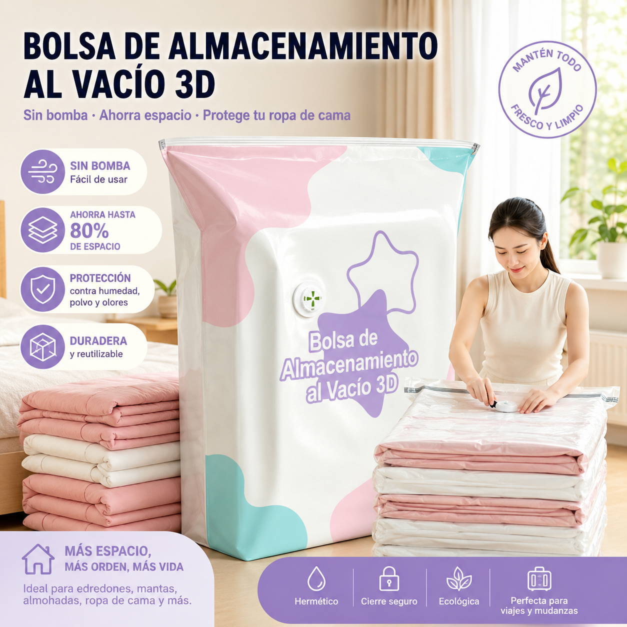 🧳【5 por 30 €】💨 Bolsas de almacenamiento al vacío compresibles de gran capacidad: No necesitan bomba, son a prueba de fugas, ideales para ahorrar espacio en tu maleta y en casa ✈️