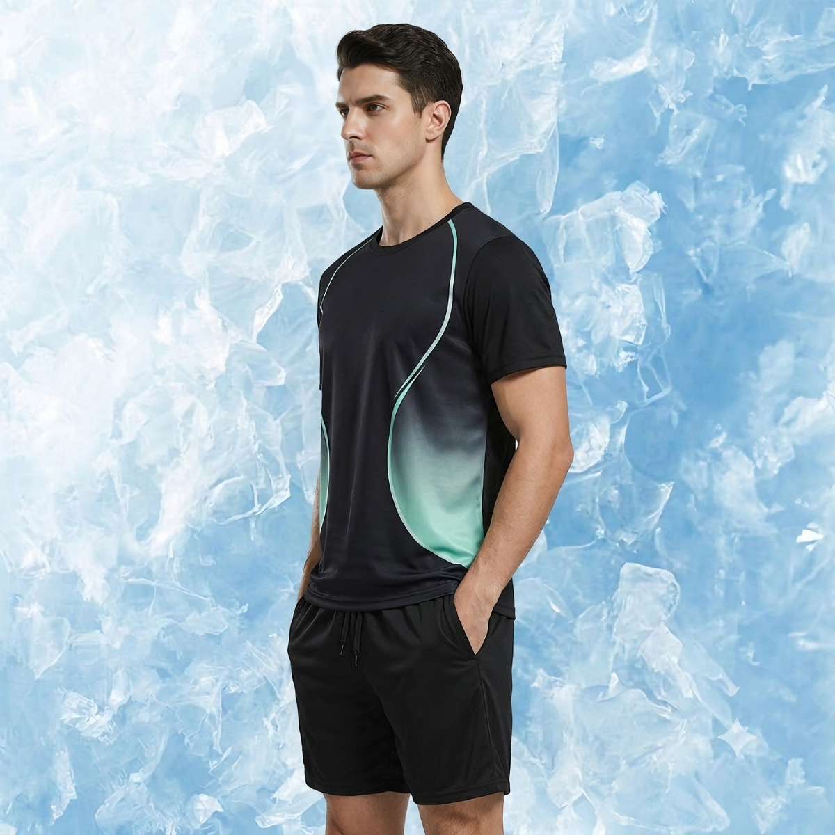 🆒Pago contra entrega✨ Conjunto deportivo de verano para hombre, de manga corta, de seda helada fina, ideal para correr y con tejido de malla de secado rápido.