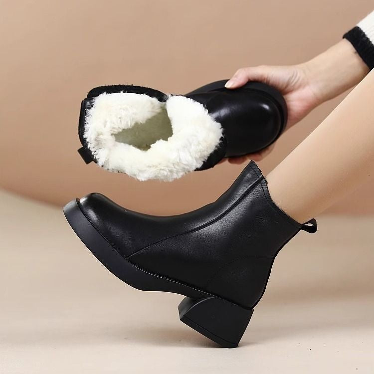 43% - 2025 Zimowe nowe damskie grube buty w stylu retro, oryginalne skórzane buty, ciepłe zamszowe buty