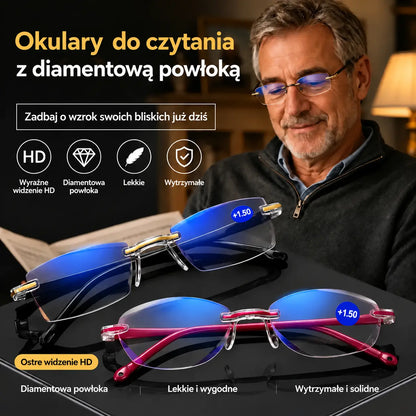 1 para za 99 zł 🧐👓️ Eleganckie okulary do czytania z ochroną przed światłem niebieskim; model bezramkowy; unisex.