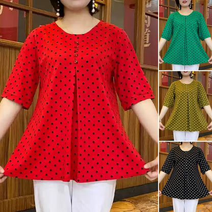 ❤️【S-6XL】🎁2026 Nové tričko s krátkým rukávem a puntíkovaným potiskem, pohodlná látka, zakrývá bříško, zeštíhluje