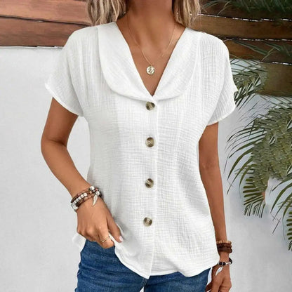 ✨❣️【S-2XL】Nowa prosta, elegancka, swobodna koszula z krótkim rękawem i guzikami w jednym kolorze na lato 2025