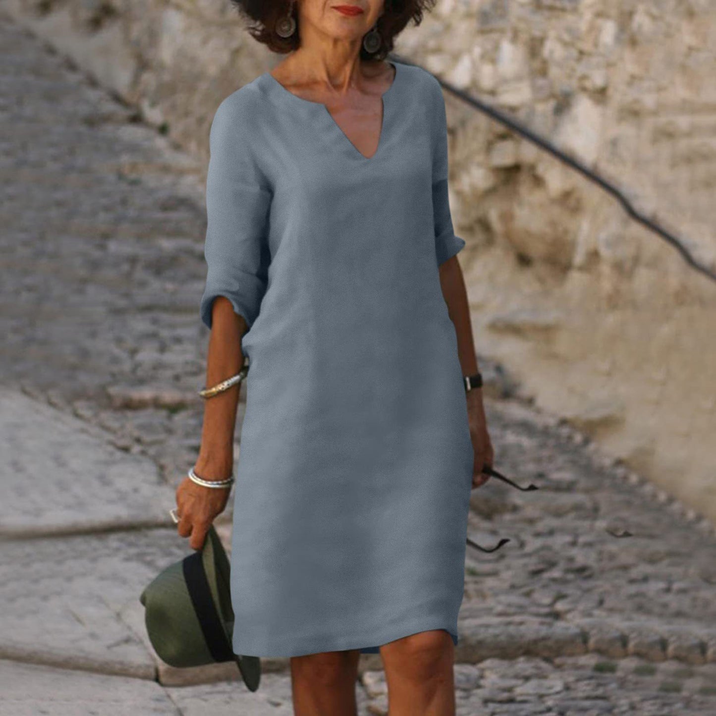 👗【S-3XL】Vestido vintage de lino y algodón con cuello en V, cintura alta, empalmes y mangas 3/4 lisas; tejido transpirable, lavable y resistente a las arrugas.