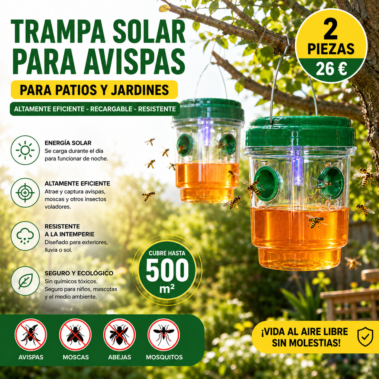 【2 piezas 27 €】🐝☀️ Trampa solar para avispas para patios y jardines 🔋🌿 – Altamente eficiente, recargable, resistente a la intemperie, cubre hasta 500 metros cuadrados.✅️Pago contra entrega