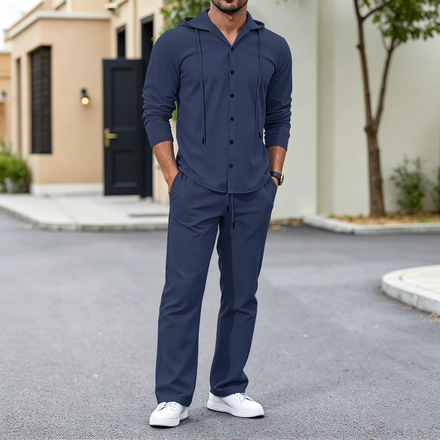 🔥【50% descuento】👕👕【S-3XL】Nuevo conjunto hombre 2026 de lino holgado con capucha manga larga (camisa con botones + pantalón)