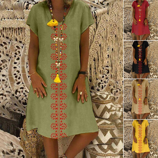 👑Oferta specjalna 【S-5XL】 Letnia prosta damska sukienka z nadrukiem bawełny z dekoltem w serek