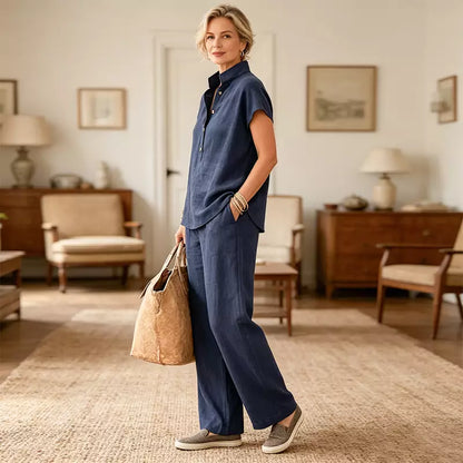 🔥【¡Oferta al 50%!!】✨Conjunto de mujer de lino y algodón: blusa de manga corta y pantalón ancho, estilo casual elegante de verano