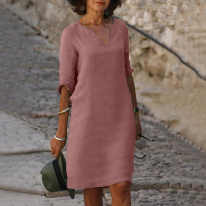 👗【S-3XL】Vestido vintage de lino y algodón con cuello en V, cintura alta, empalmes y mangas 3/4 lisas; tejido transpirable, lavable y resistente a las arrugas.