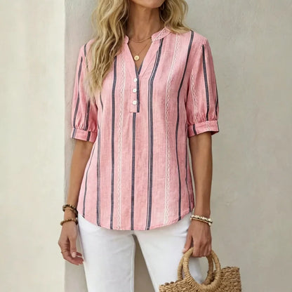🔥👚 【50% de descuento】✨🎉Camisa de verano de manga corta de algodón y lino a rayas, tejido transpirable.