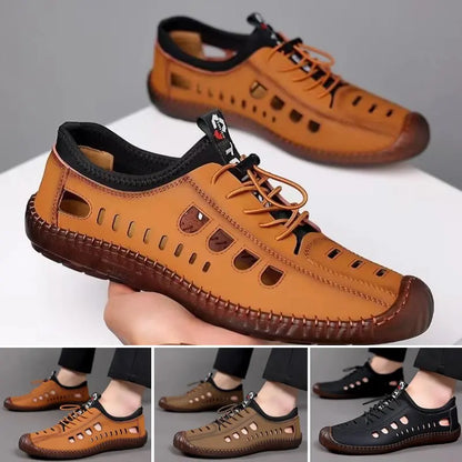 Ograniczona ilość【Rozmiary 39-44】Męskie buty codzienne z wydrążoną, oddychającą i antypoślizgową cholewką z prawdziwej skóry