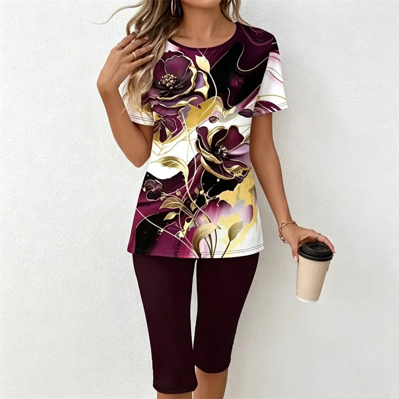 🎁【Camiseta + pantalones】Conjunto informal de dos piezas para mujer con estampado de mármol, confeccionado en tejido suave, transpirable y elástico.✅️Pago contra entrega