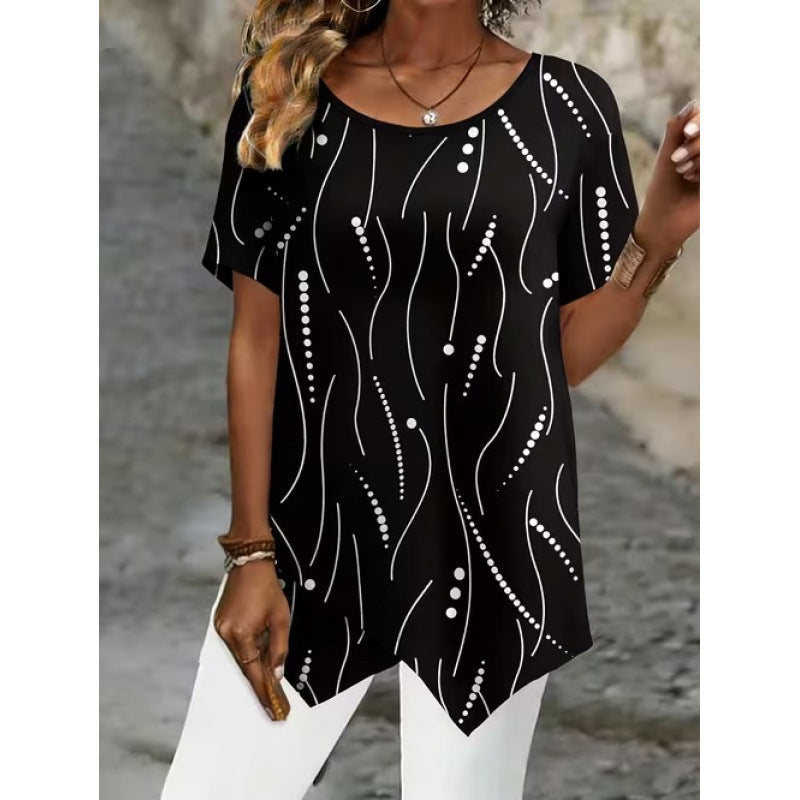 💎【S-5XL】Blusa de manga corta con estampado retro y bajo asimétrico.✅️Pago contra entrega