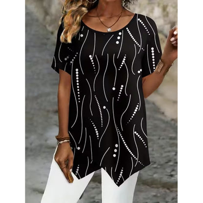 💎【S-5XL】Blusa de manga corta con estampado retro y bajo asimétrico.✅️Pago contra entrega
