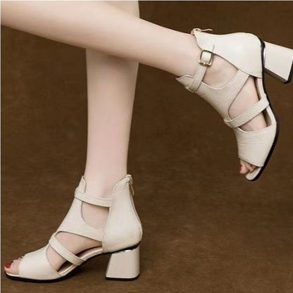 👡【35-40】Nowe miękkie skórzane, grube, wydrążone, rzymskie buty na koturnie, sandały dla kobiet