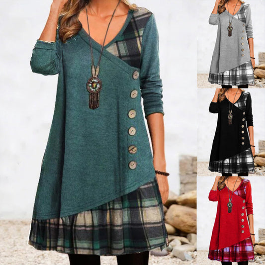🍂👗【S-3XL】 2025 Nowa elegancka sukienka w kratę z dekoltem w kształcie litery V, z długim rękawem