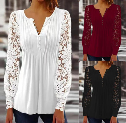 ✨🌷【Най-продавани🔥】【S-3XL】Нова есенно/зимна модна дамска тениска с дълъг ръкав от дантела