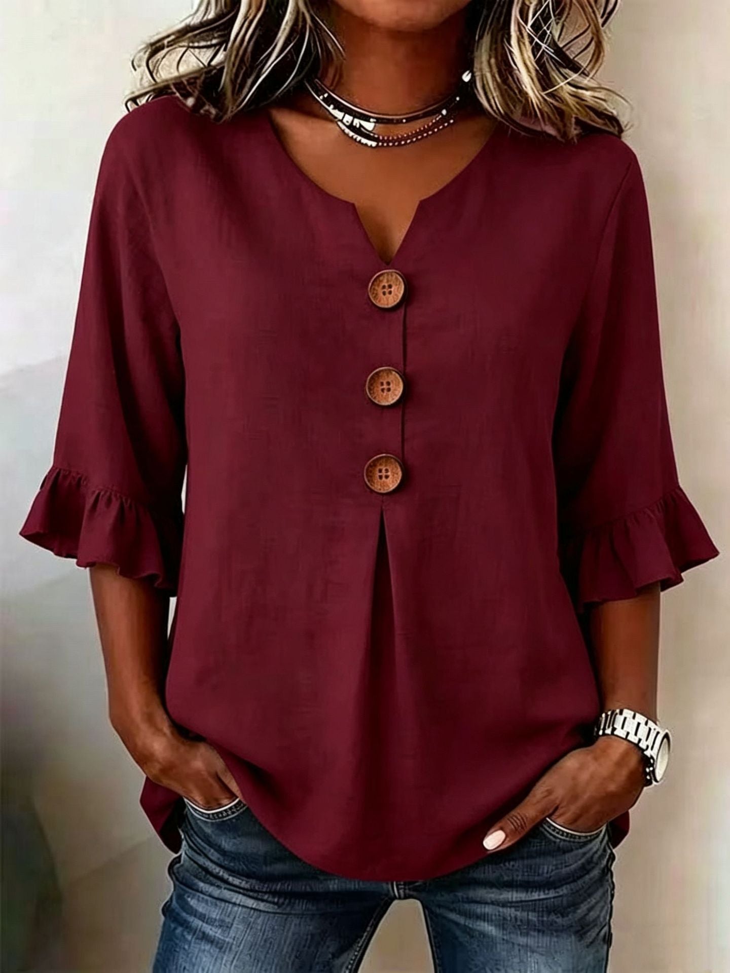 🔥【S-3XL】 Nueva camisa de mujer con cuello en V y volantes, mezcla de algodón y lino, cierre de botones: simple y elegante.