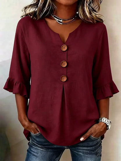 🔥【S-3XL】 Nueva camisa de mujer con cuello en V y volantes, mezcla de algodón y lino, cierre de botones: simple y elegante.