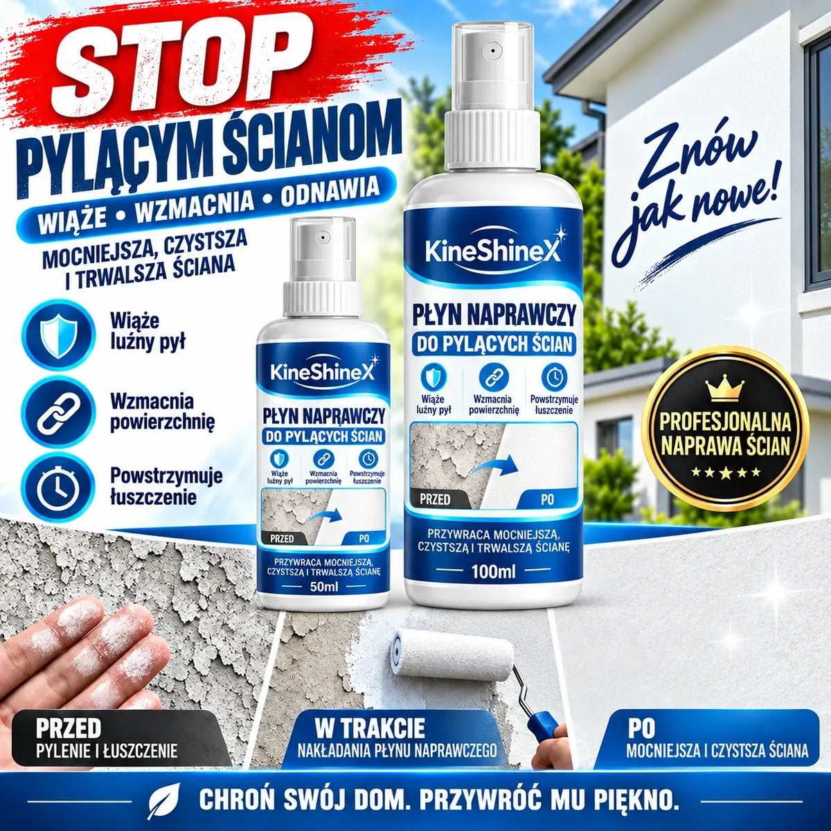 🏆 100 ml + 50 ml (2 butelki) 💥 Płynny preparat do naprawy i wzmacniania ścian — łączy funkcje szpachlowania, uszczelniania i wzmacniania w jednym produkcie.