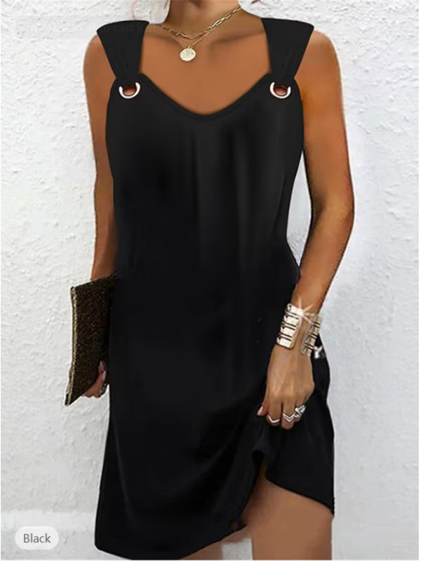 👗👗【Gorąca wyprzedaż】✨Wiosna Lato Nowa sukienka bez rękawów z dekoltem w serek i metalowymi guzikami