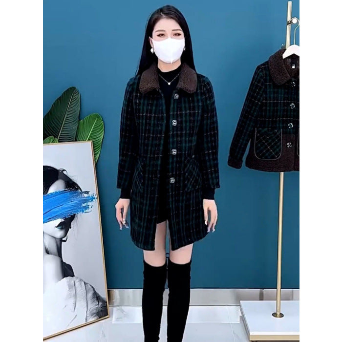 🍁🍂【M-4XL】Nowy płaszcz w kratę z zagęszczonego kaszmiru na jesień i zimę średniej długości