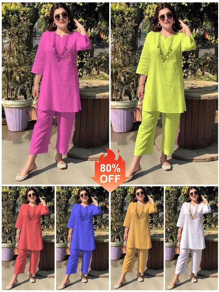 ✨【S-5XL】Novi ženski stilski i elegantni dvodijelni set u jednoj boji, izrađen od udobne i prozračne pamučne i lanene tkanine.