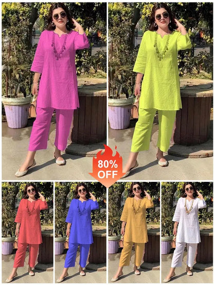 ✨【S-5XL】Novi ženski stilski i elegantni dvodijelni set u jednoj boji, izrađen od udobne i prozračne pamučne i lanene tkanine.