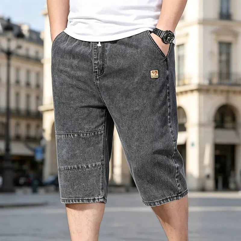 🔥【50% de descuento!】🔥Pantalones cortos vaqueros tres cuartos para hombre, jeans ligeros y frescos de verano, cintura elástica con cordón, corte oversize holgado, material suave y transpirable.