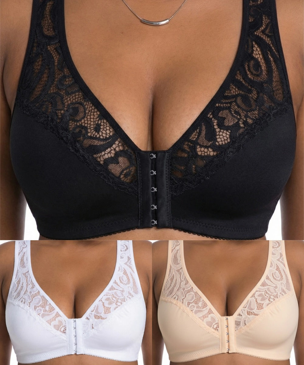 🔥👙【Conjunto de 3 piezas】【L-4XL】Sujetador push-up de encaje de tallas grandes, cierre frontal para poner y quitar fácilmente.