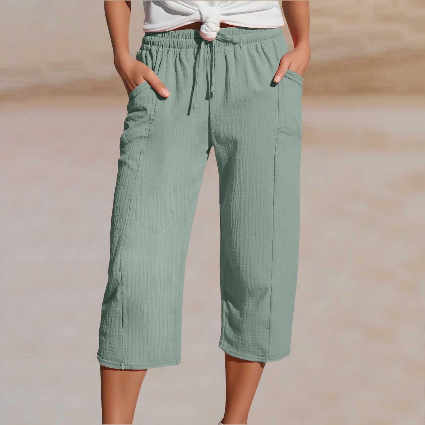 🔥✨【50% zniżki】Nowe letnie damskie spodnie capri z plisami, wykonane z bawełny i lnu, w jednolitym kolorze