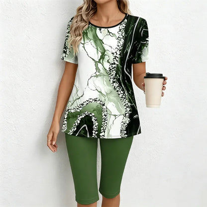 🎁【Camiseta + pantalones】Conjunto informal de dos piezas para mujer con estampado de mármol, confeccionado en tejido suave, transpirable y elástico.✅️Pago contra entrega