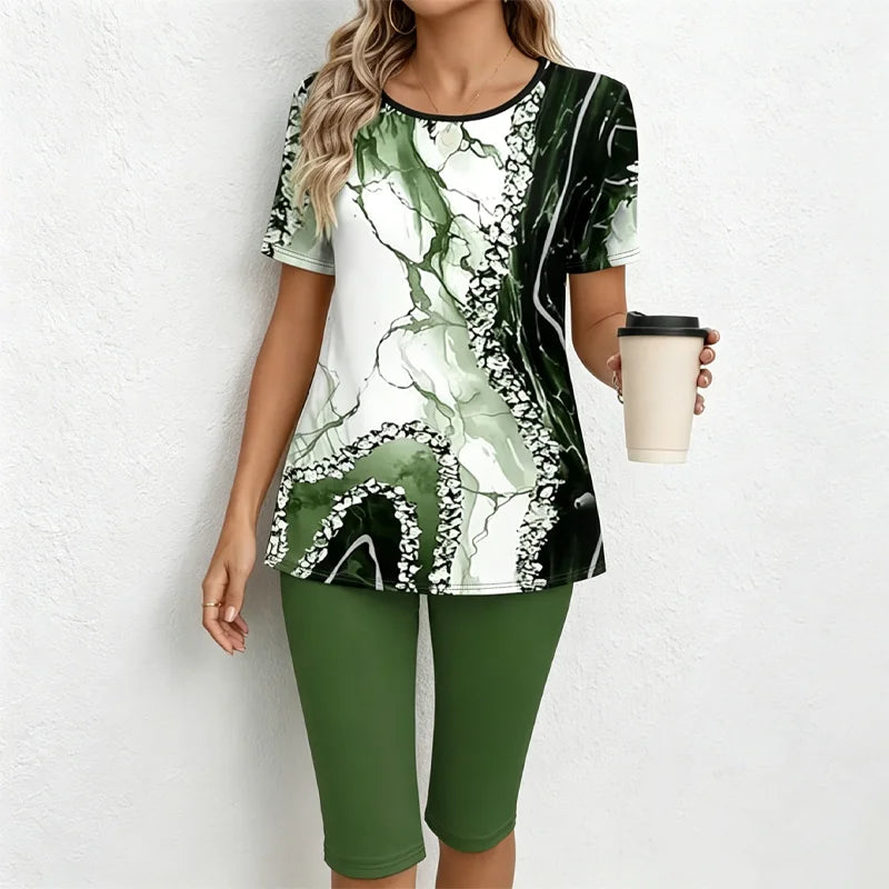 🎁【Camiseta + pantalones】Conjunto informal de dos piezas para mujer con estampado de mármol, confeccionado en tejido suave, transpirable y elástico.✅️Pago contra entrega