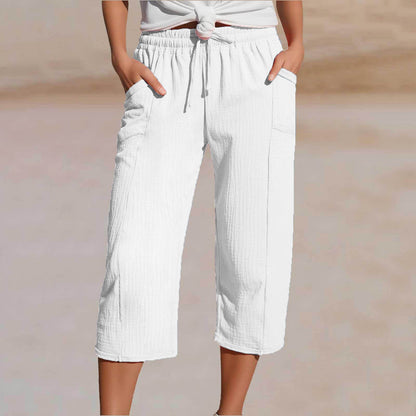 🔥✨【50% zniżki】Nowe letnie damskie spodnie capri z plisami, wykonane z bawełny i lnu, w jednolitym kolorze