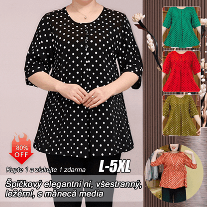 ❤️【S-6XL】🎁2026 Nové tričko s krátkým rukávem a puntíkovaným potiskem, pohodlná látka, zakrývá bříško, zeštíhluje