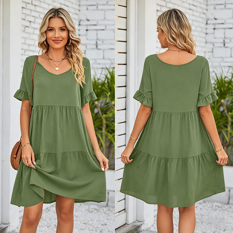 💕2026 Novedades de verano👗【S-3XL】Vestido informal de tres capas con escote en V y pliegues.