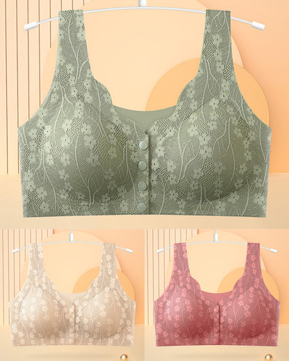 😍✨【3 sztuk】【40-100KG】Damski, bezprzewodowy, koronkowy biustonosz zapinany z przodu