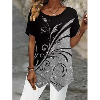 💎【S-5XL】Blusa de manga corta con estampado retro y bajo asimétrico.✅️Pago contra entrega
