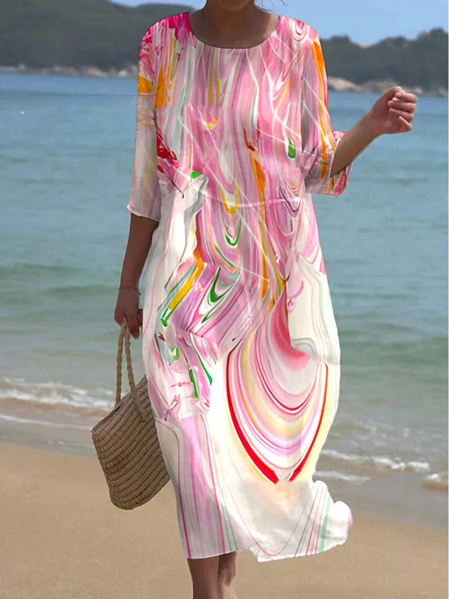 💞💖【S-5XL】2025 Lato Nowa Moda Długa Luźna Sukienka——Okrągły Dekolt, Nadruk, Modny i Swobodny Styl! 💖✨