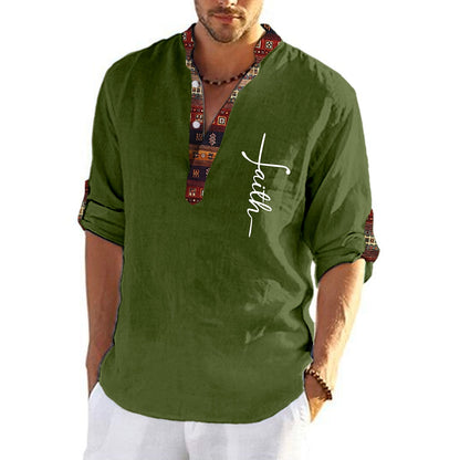 🔥Promocja ograniczona czasowo🔥Męska lniana, bawełniana koszula z nadrukiem i dekoltem w kształcie litery V