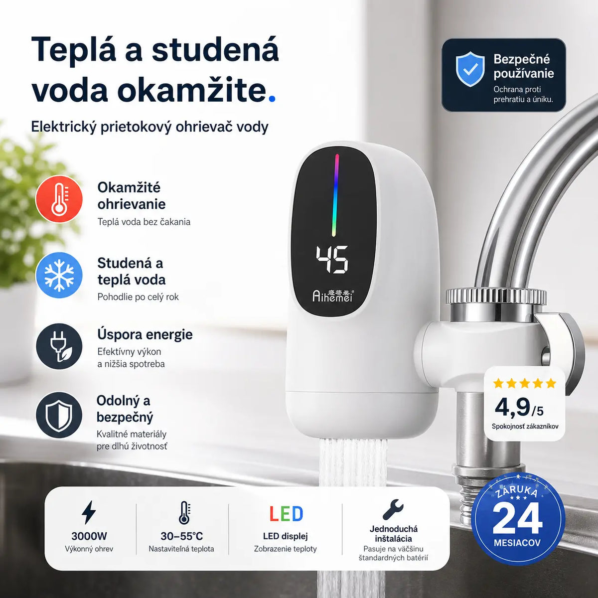 🏠🚰 Bezkontaktná elektrická vodovodná batéria s ukazovateľom teploty; nevyžaduje montáž – ideálna do domácich kuchýň – ohreje vodu rýchlo, už za tri sekundy.