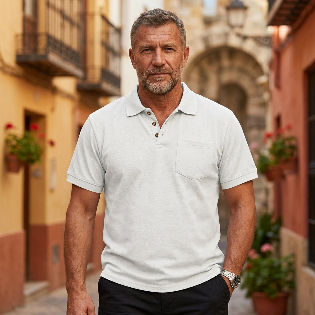 【S-3XL】🛒 Polo de verano para hombre con textura de gofre, cuello, bolsillos, manga corta, transpirable y estilo casual.