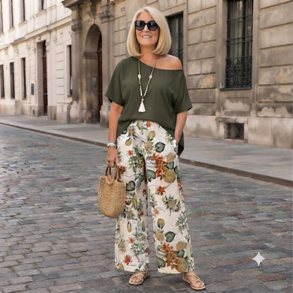 🎁【Moderno, Tallas grandes】Conjunto estampado de 2 piezas (blusa con hombros asimétricos + pantalón de pierna ancha)✅️Pago contra entrega