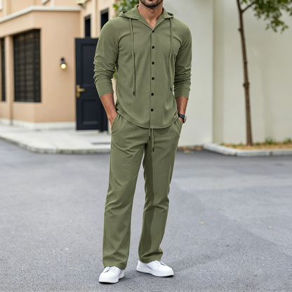 🔥【50% descuento】👕👕【S-3XL】Nuevo conjunto hombre 2026 de lino holgado con capucha manga larga (camisa con botones + pantalón)