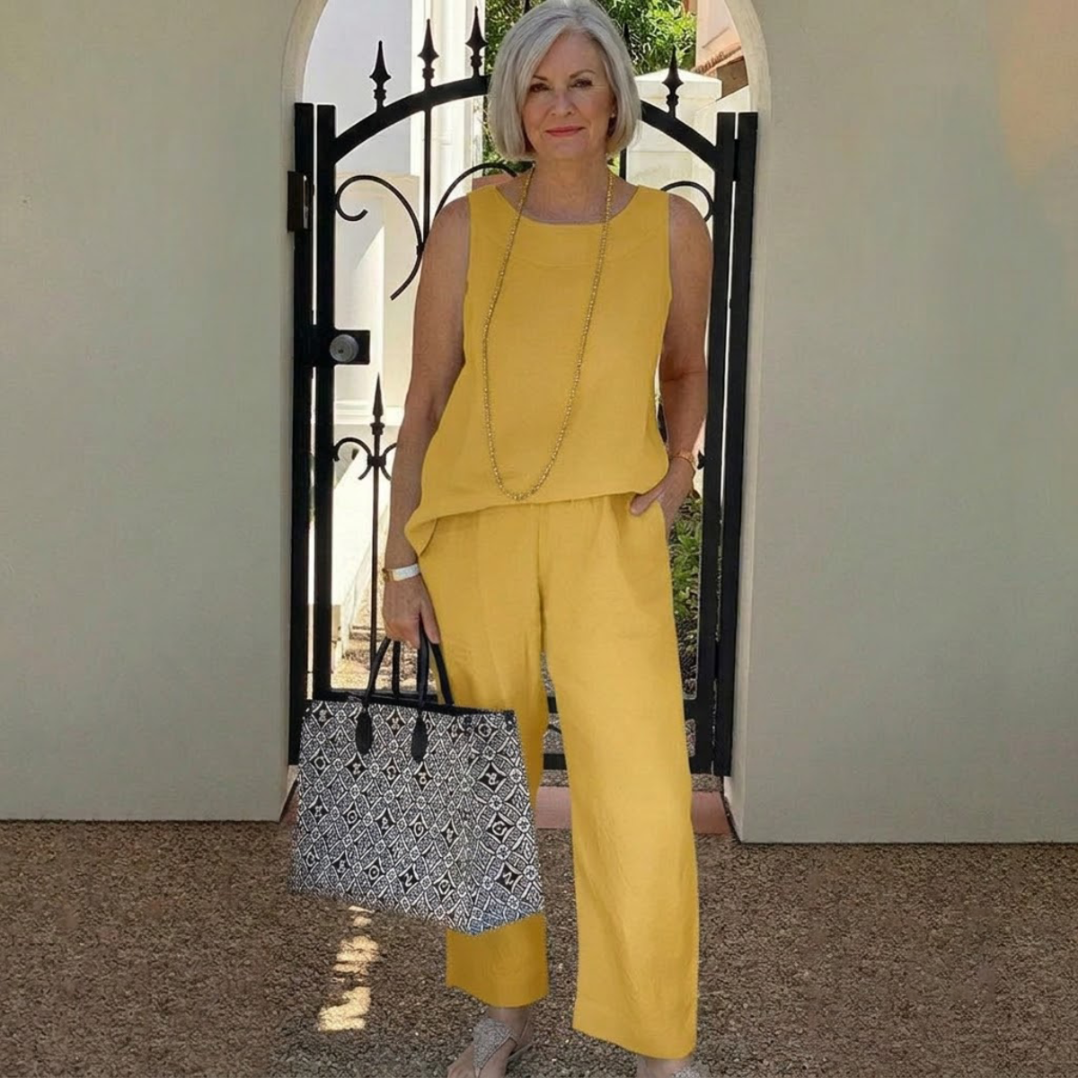 ✨😍【40-120kg】Conjunto de verano de algodón y lino, top sin mangas y pantalón de pierna ancha para mujer.✅️Pago contra entrega