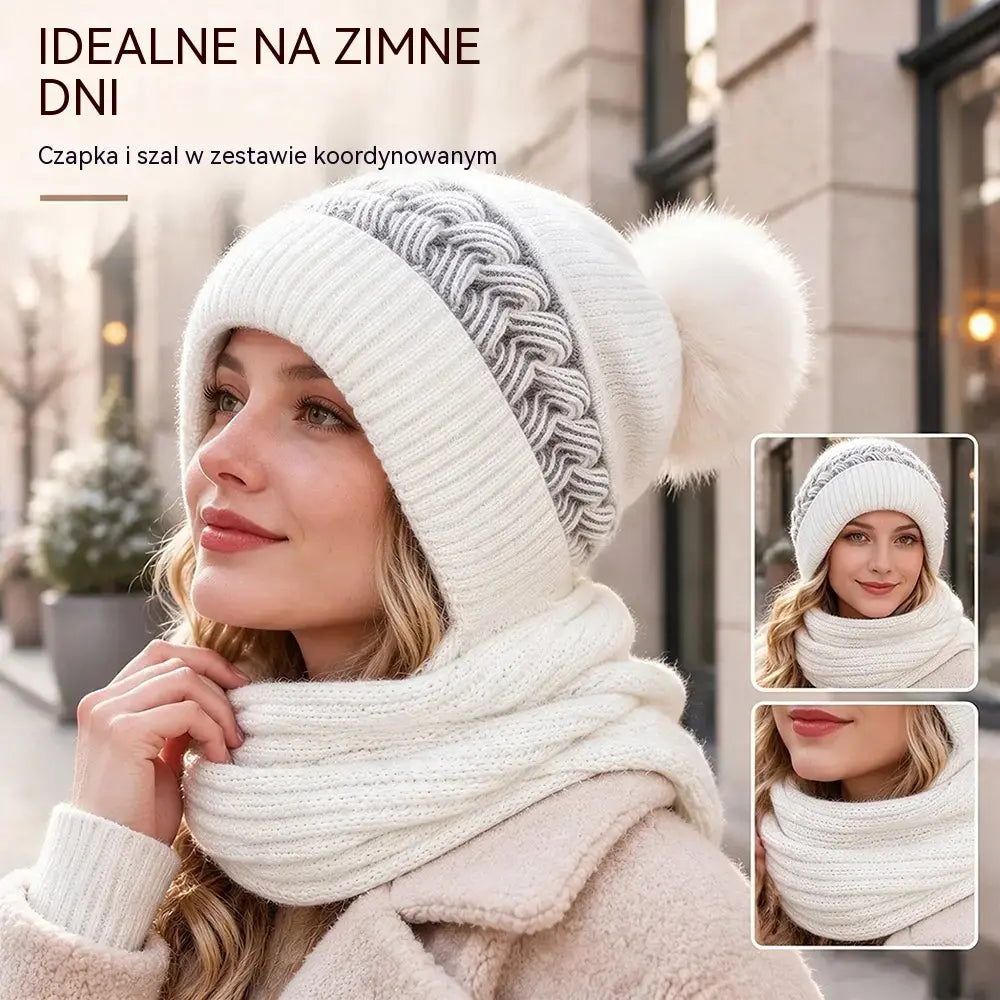 ❄️ Damska czapka zimowa z szalikiem i nausznikami | Ciepły zestaw dzianinowy 3 w 1
