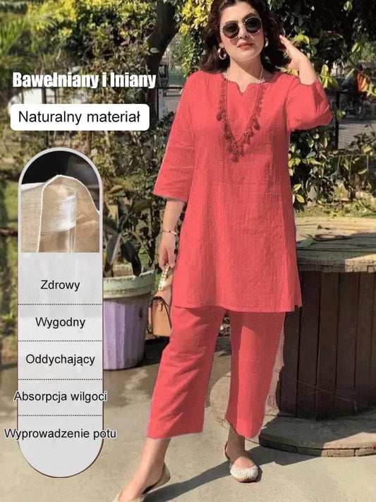 ✨【S-5XL】Novi ženski stilski i elegantni dvodijelni set u jednoj boji, izrađen od udobne i prozračne pamučne i lanene tkanine.