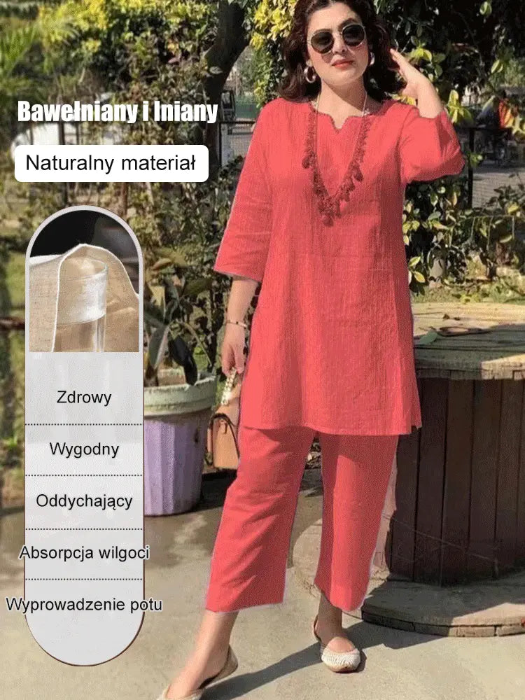 ✨【S-5XL】Novi ženski stilski i elegantni dvodijelni set u jednoj boji, izrađen od udobne i prozračne pamučne i lanene tkanine.