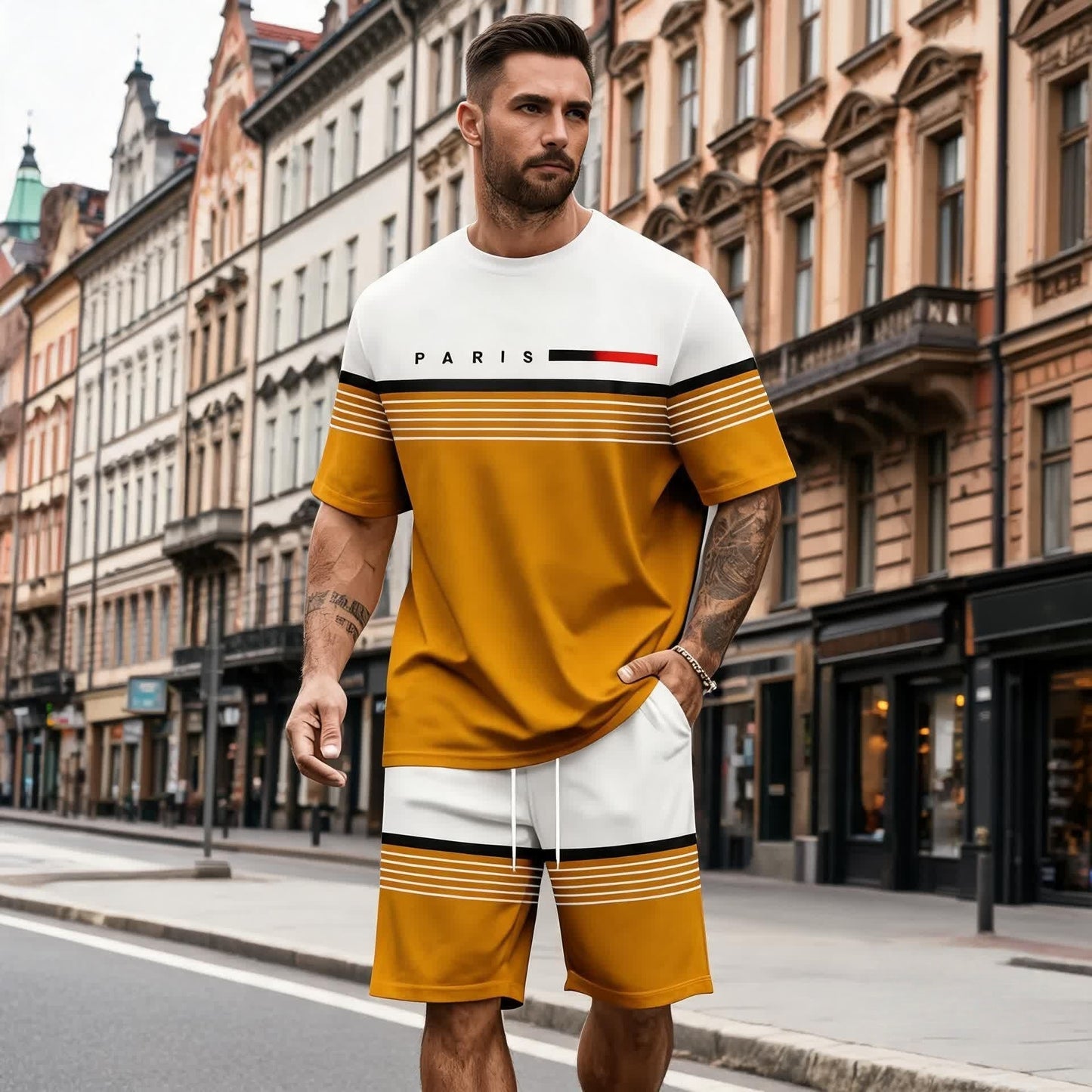 😍Pago contra entrega✅️【S-5XL】Conjunto informal y cómodo de camisa de manga corta y pantalón corto con estampado de letras para hombre.